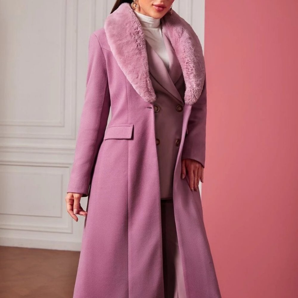 Faux fur trimmed Collar Single Button Overcoat Jacket Purple - Picture 5 of 8